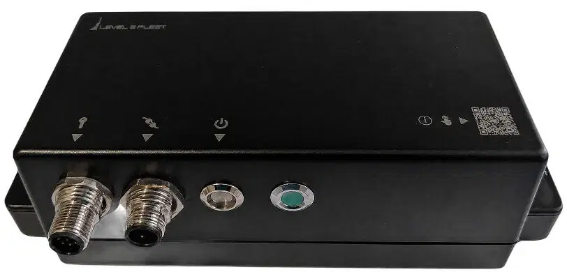 The Admiral Hub, a sealed black enclosure with two connector ports and status indicators