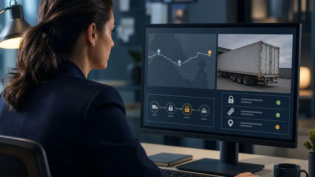 A claims analyst reviewing a dashboard showing a route map, trailer camera feed and lock status indicators