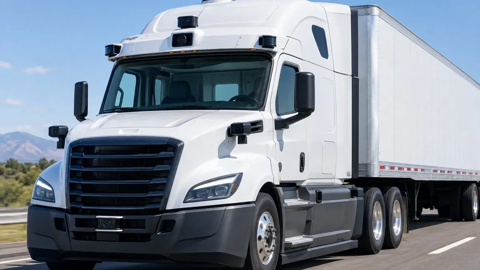 A sensor-equipped autonomous tractor-trailer on a highway