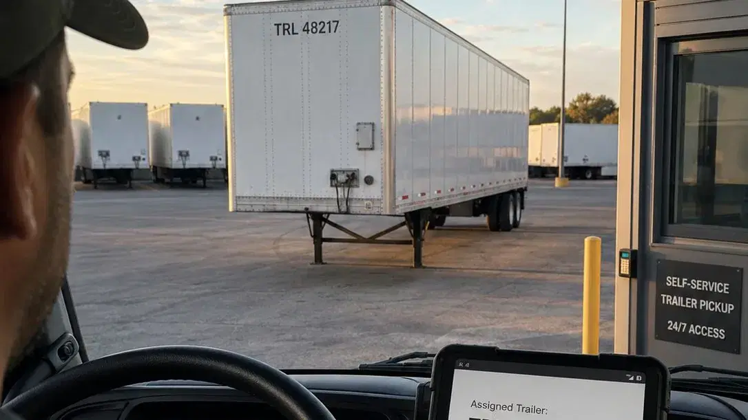 A driver's view from the cab of trailer TRL 48217 parked beside a self-service trailer pickup kiosk